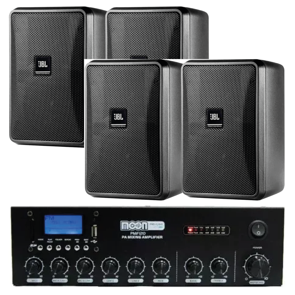 Combo Audio funcional 5: Amplificador Pmf120 + 4 Bafles Jbl Control25-1L negros