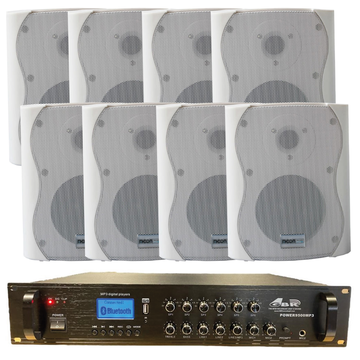 Combo Audio funcional 4: Consola Gbr Power9500mp3 + 8 Bafles 4" Torch4-t blancos